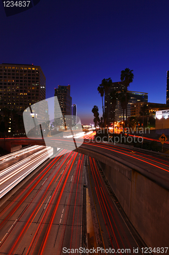 Image of Timelapsed Traffic in Downtown Los Angeles at Night
