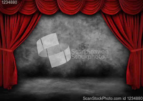 Image of Painted Grunge Theater Stage With Red Velvet Drapes
