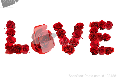 Image of LOVE Spelled With Isolated Red Roses on White