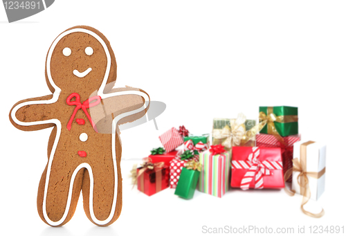 Image of Gingerbread Man and Presents Against a White Background