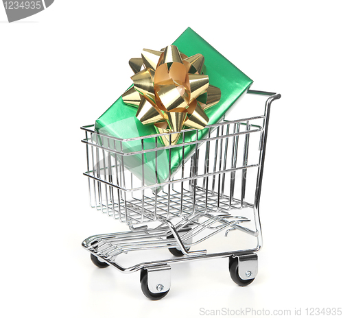 Image of Shopping Cart With Wrapped Holiday Gift