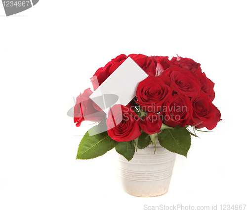 Image of Beautiful Bouquet of Roses With Blank Message Sign on White