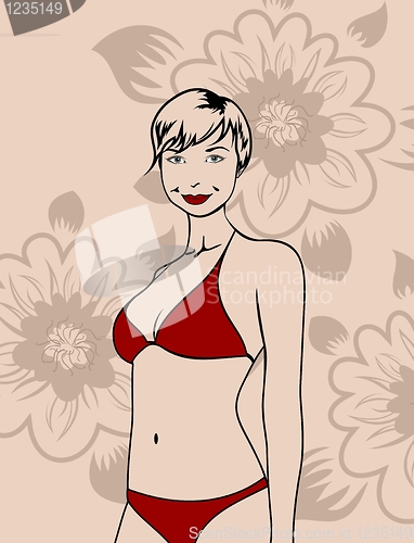 Image of girl in red bikini on a floral background