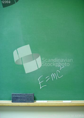 Image of E=mc2 equation (Albert Einstein) on vertical chalkboard. (14MP camera)