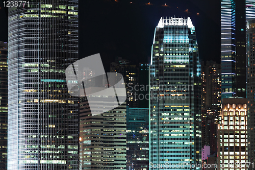 Image of business buildings at night in Hong Kong
