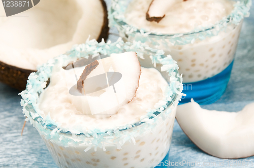 Image of Coconut pudding with tapioca pearls and litchi jelly