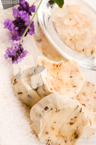 Image of Handmade Soap With Fresh Lavender Flowers And Bath Salt