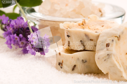 Image of Handmade Soap With Fresh Lavender Flowers And Bath Salt