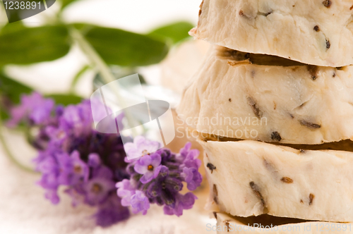 Image of Handmade Soap With Fresh Lavender Flowers And Bath Salt