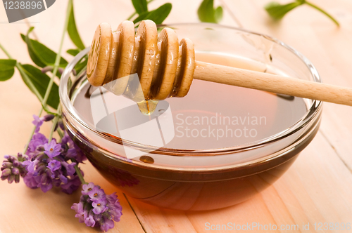 Image of lavender honey with fresh flowers. sweet food 