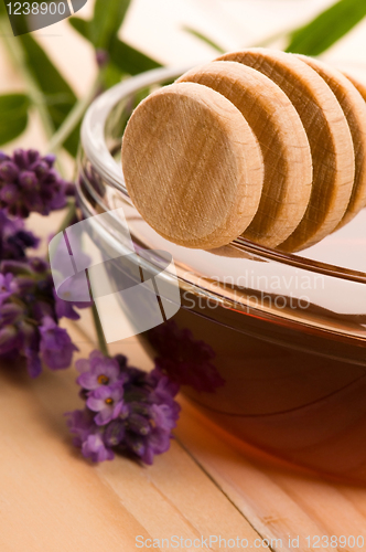 Image of lavender honey with fresh flowers. sweet food 