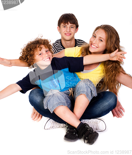 Image of Mother and children over white background