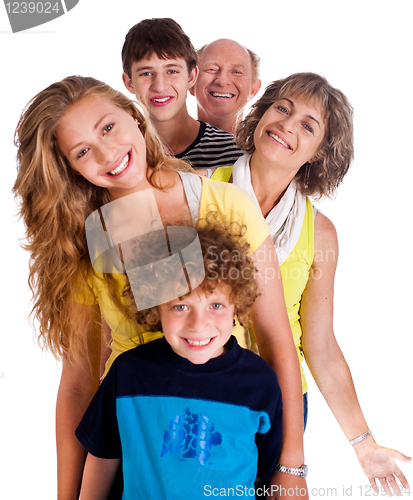 Image of Portrait of happy family standing in a row