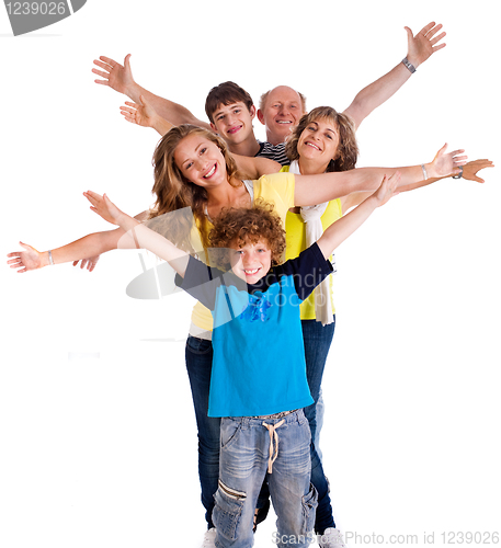 Image of Portrait of cheerful three generation family