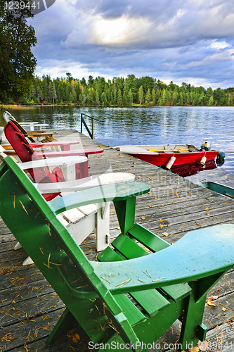 Image of Deck chairs on dock at lake