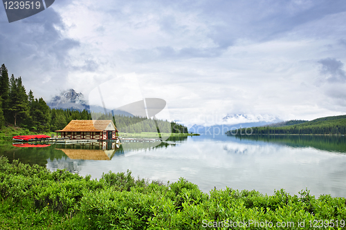 Image of Boathouse on mountain lake