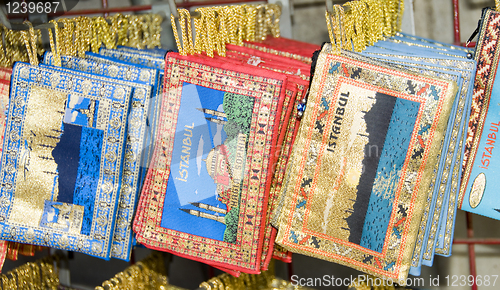 Image of souvenirs on display rack Istanbul Turkey