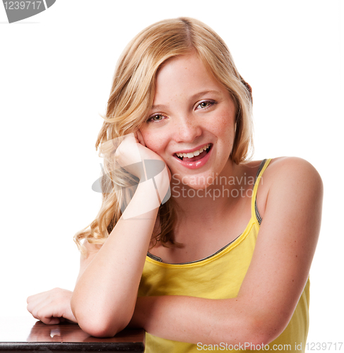 Image of Happy laughing girl with clean facial skin