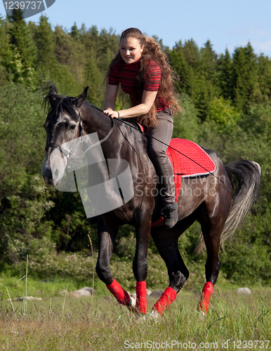 Image of A girl riding a horse at a gallop