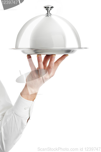 Image of hand of waiter with cloche lid cover