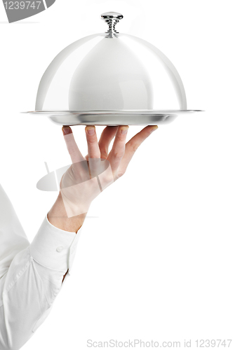 Image of hand of waiter with cloche lid cover