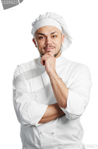 Image of happy chef in white uniform isolated
