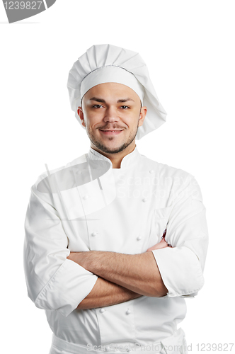 Image of happy chef in white uniform isolated