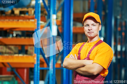 Image of caucasian young manual worker in warehouse