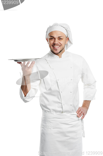 Image of happy chef with tray isolated
