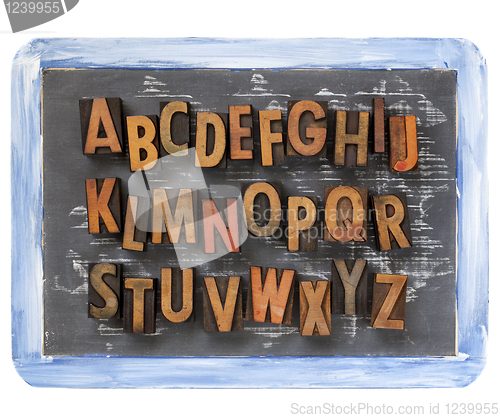 Image of letterpress alphabet on blackboard
