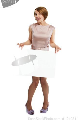 Image of happy woman holding white board