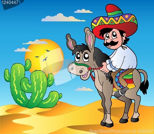Image of Mexican riding donkey in desert