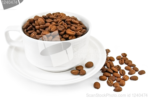 Image of Coffee grains in a white cup on the table