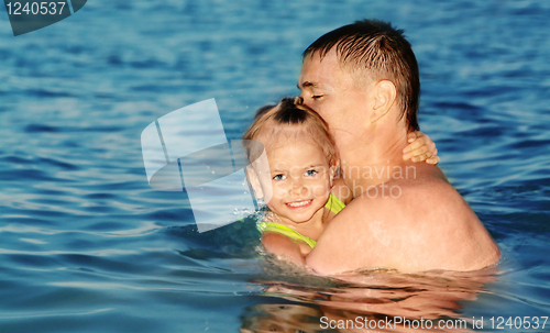 Image of Dad and daughter swimming in the sea