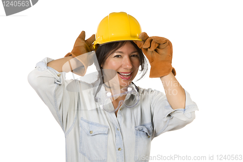 Image of Attractive Hispanic Woman with Hard Hat, Goggles and Work Gloves