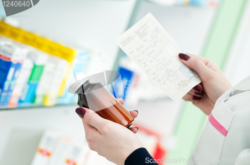 Image of closeup hand of chemist with drug