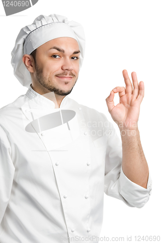 Image of positive chef with ok sign isolated