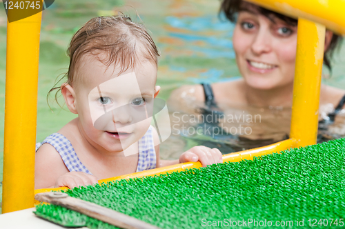 Image of little girl and mothe in swimming pool