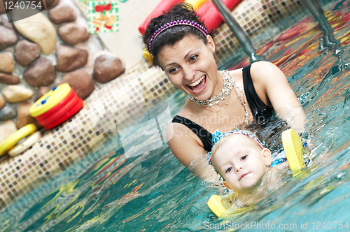 Image of little girl and mothe in swimming pool