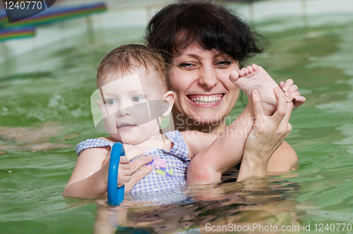 Image of little girl and mothe in swimming pool