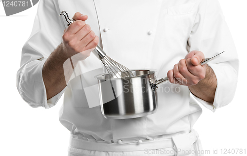 Image of chef hands with whisk and pan isolated