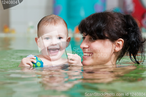 Image of little girl and mothe in swimming pool