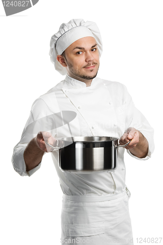 Image of chef with metal kitchen pan isolated