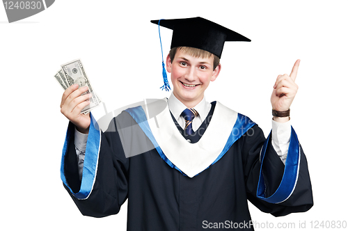 Image of Smiley graduate student in cloak with money