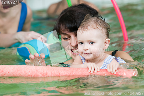 Image of little girl and mothe in swimming pool