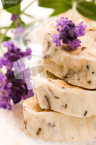 Image of Handmade Soap With Fresh Lavender Flowers And Bath Salt