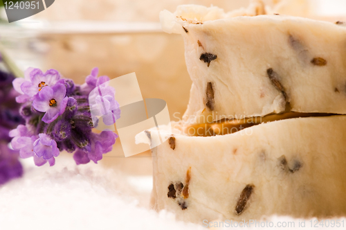 Image of Handmade Soap With Fresh Lavender Flowers And Bath Salt