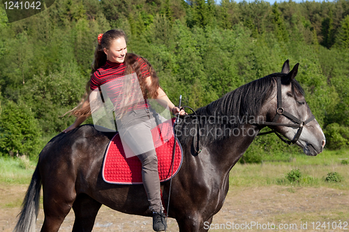 Image of Beautiful girl on black horse