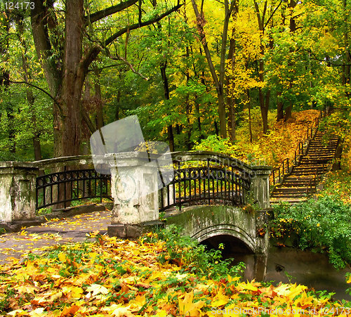 Image of bridge in old park. Kaliningrad, Russia