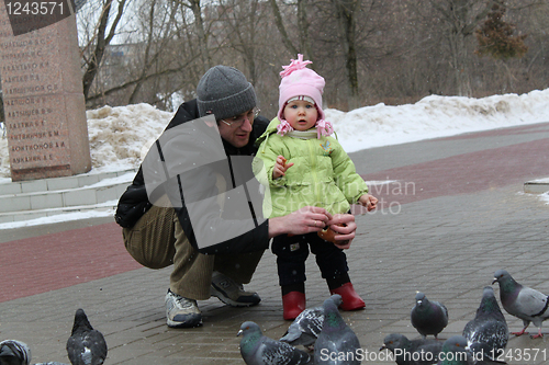 Image of The girl with the father feed pigeons